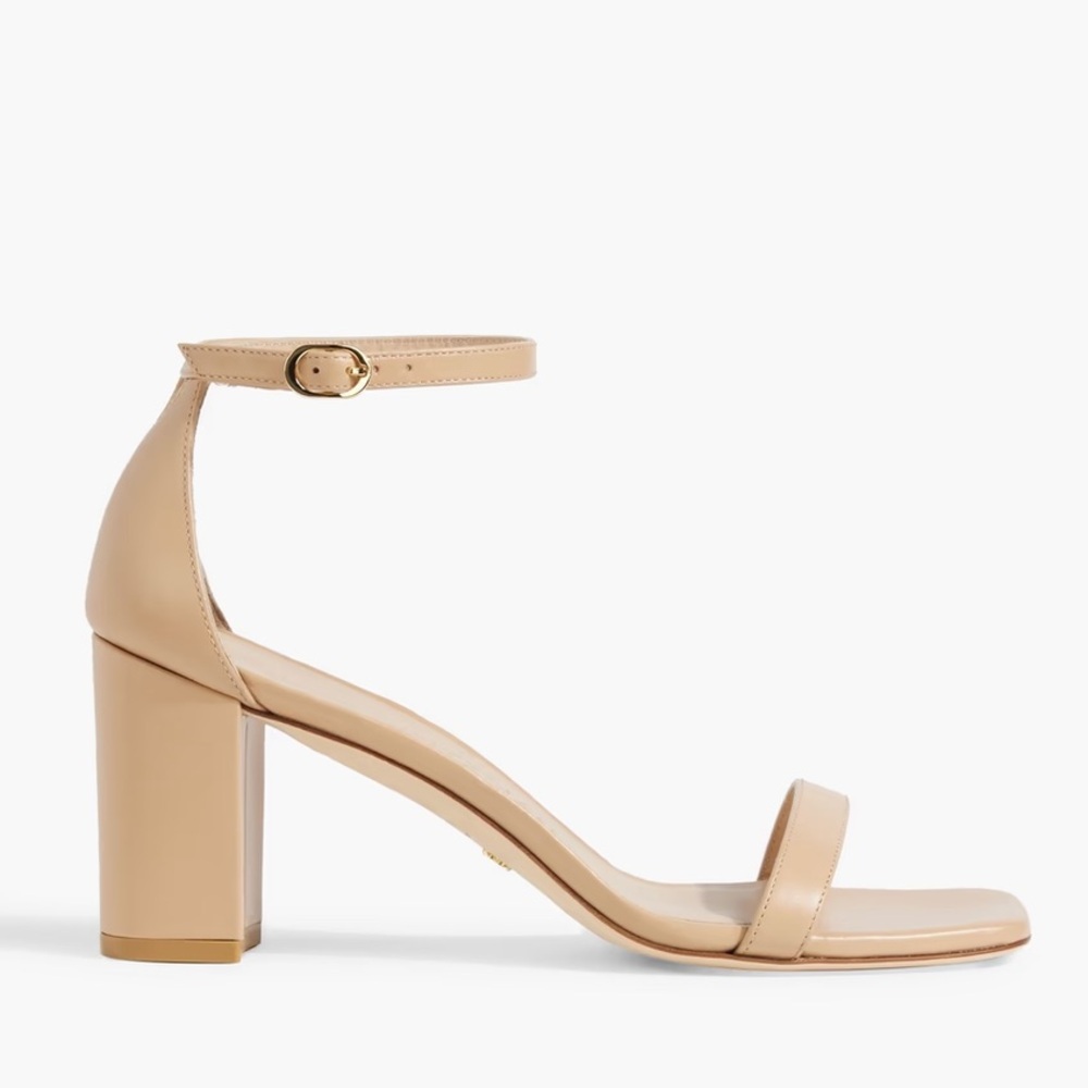 NEVER WORN. Stuart Weitzman NUDIST BLOCK 75 heels, tan leather, size 8